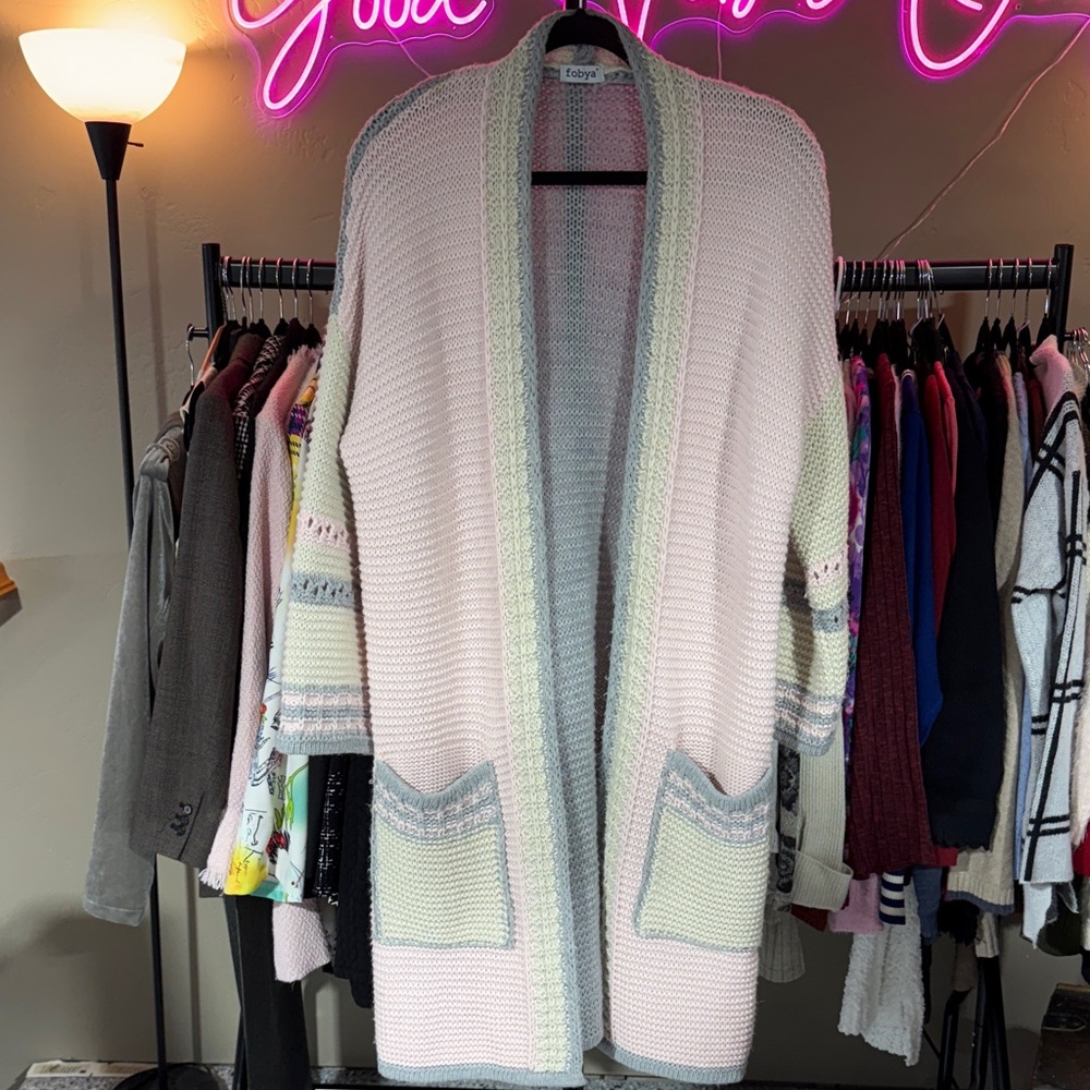 Cozy Pink and Gray Open Front Cardigan